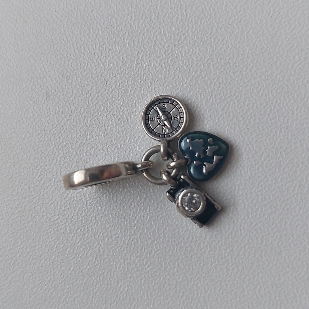 Camera, Heart & Compass Triple Dangle CharmSterling silver